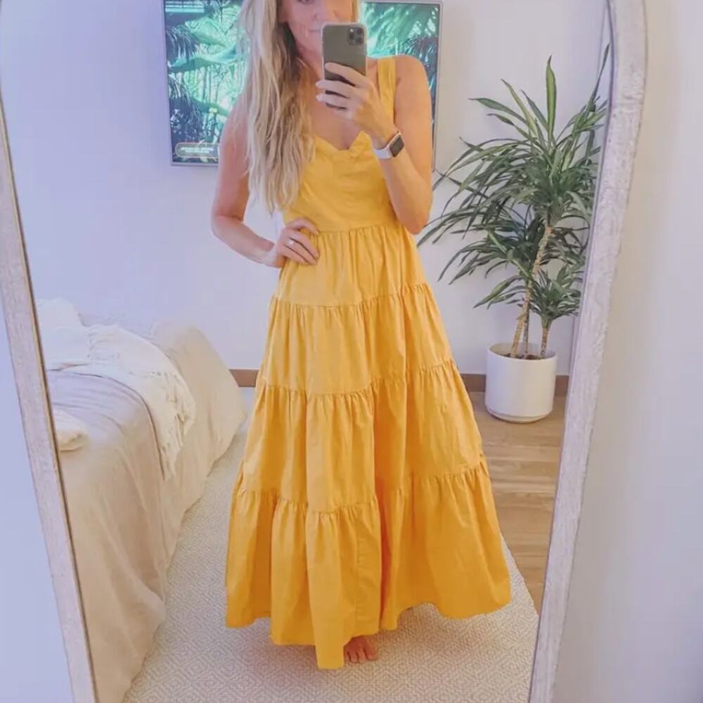 Color Me Courtney Mustard Tiered Ruffle Maxi Dress SIZE 2 Cottage Sundress $400 - Picture 4 of 14